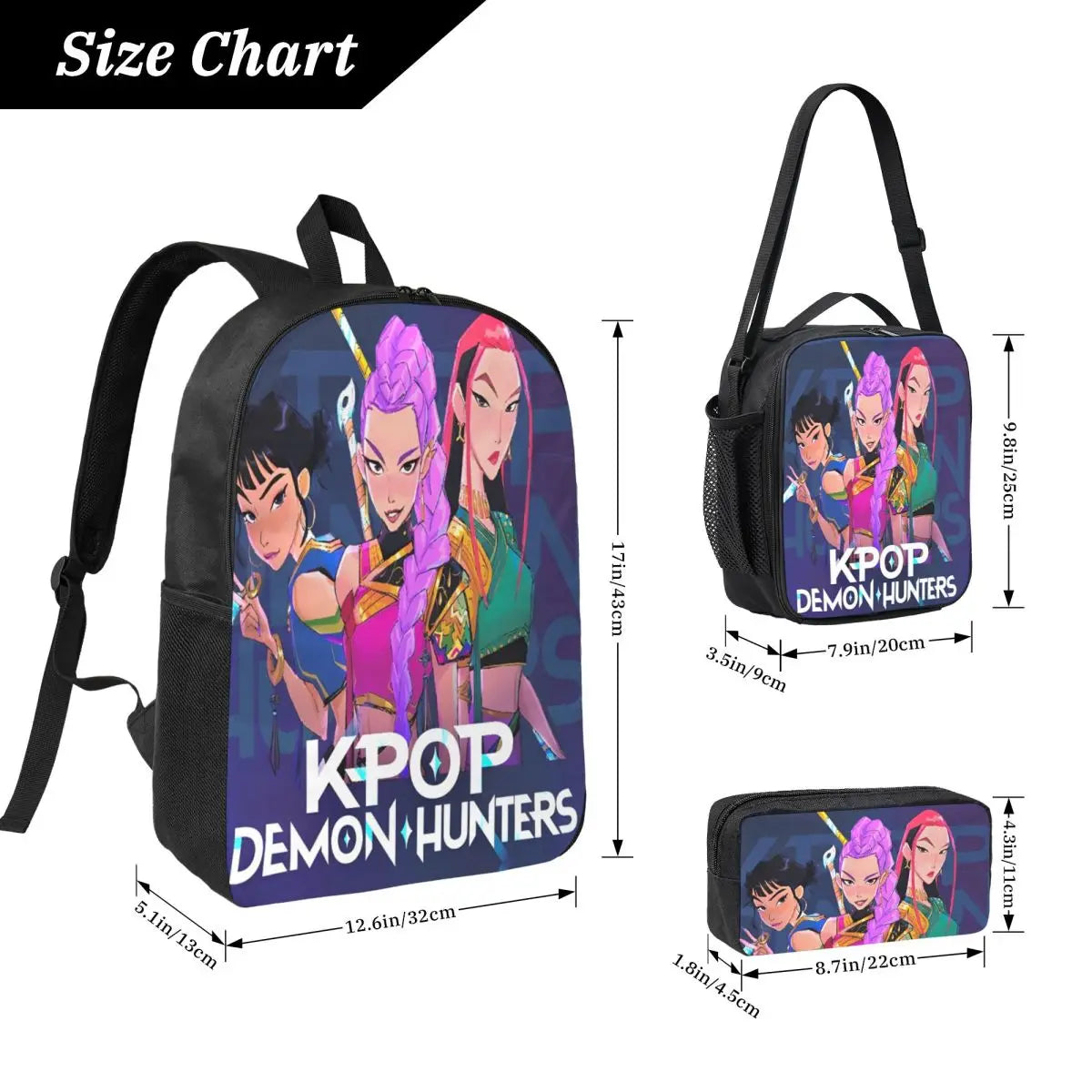 3Pcs KPop Demon Hunters Huntrix merch Backpack Set for Kids Pencil Boxes Bookbag Sets with Lunch Box For School Students Daypack