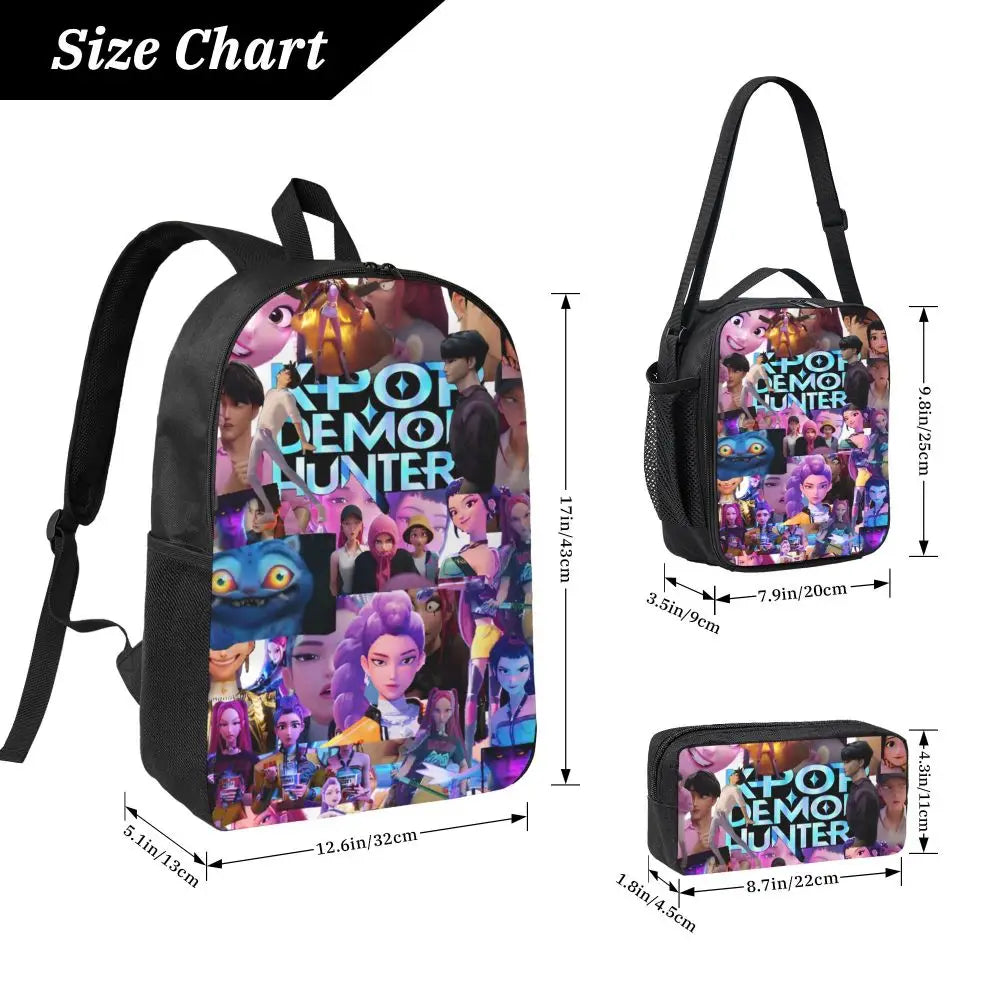 3Pcs KPop Demon Hunters Huntrix merch Backpack Set for Kids Pencil Boxes Bookbag Sets with Lunch Box For School Students Daypack