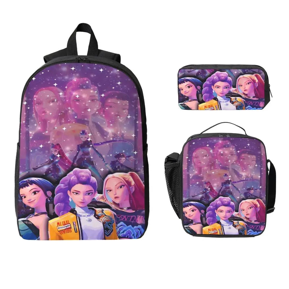 3Pcs KPop Demon Hunters Huntrix merch Backpack Set for Kids Pencil Boxes Bookbag Sets with Lunch Box For School Students Daypack