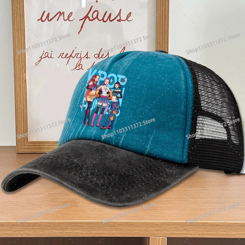Move K-Pop Demon Hunters Mesh Color Blocked Baseball Cap Fashion Cartoon Adjustable Sun Hat Outdoor Activity Leisure Sunbonnet