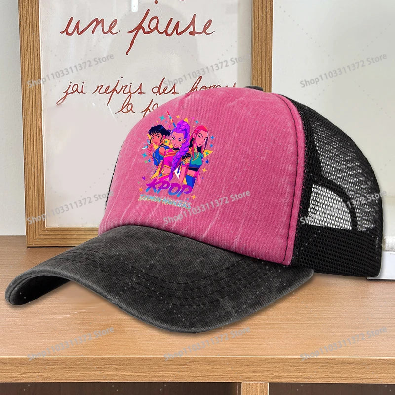 Move K-Pop Demon Hunters Mesh Color Blocked Baseball Cap Fashion Cartoon Adjustable Sun Hat Outdoor Activity Leisure Sunbonnet