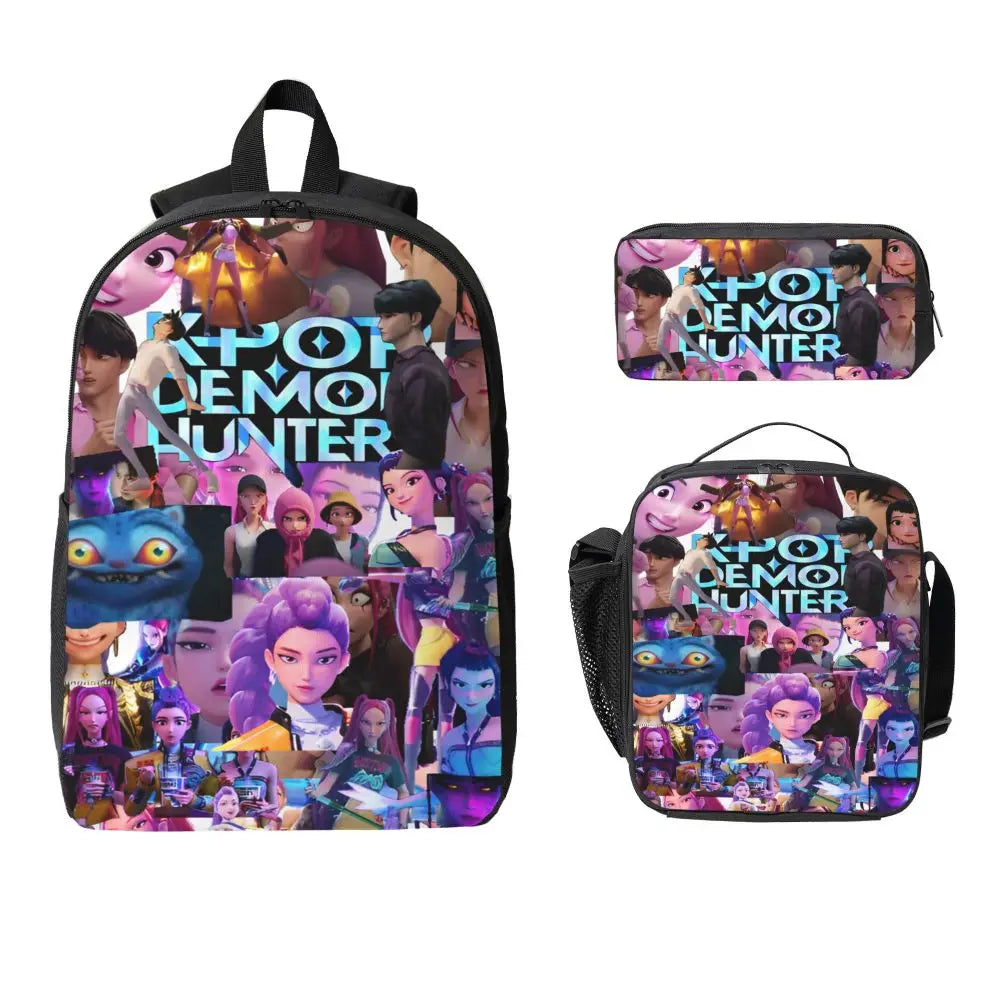 3Pcs KPop Demon Hunters Huntrix merch Backpack Set for Kids Pencil Boxes Bookbag Sets with Lunch Box For School Students Daypack