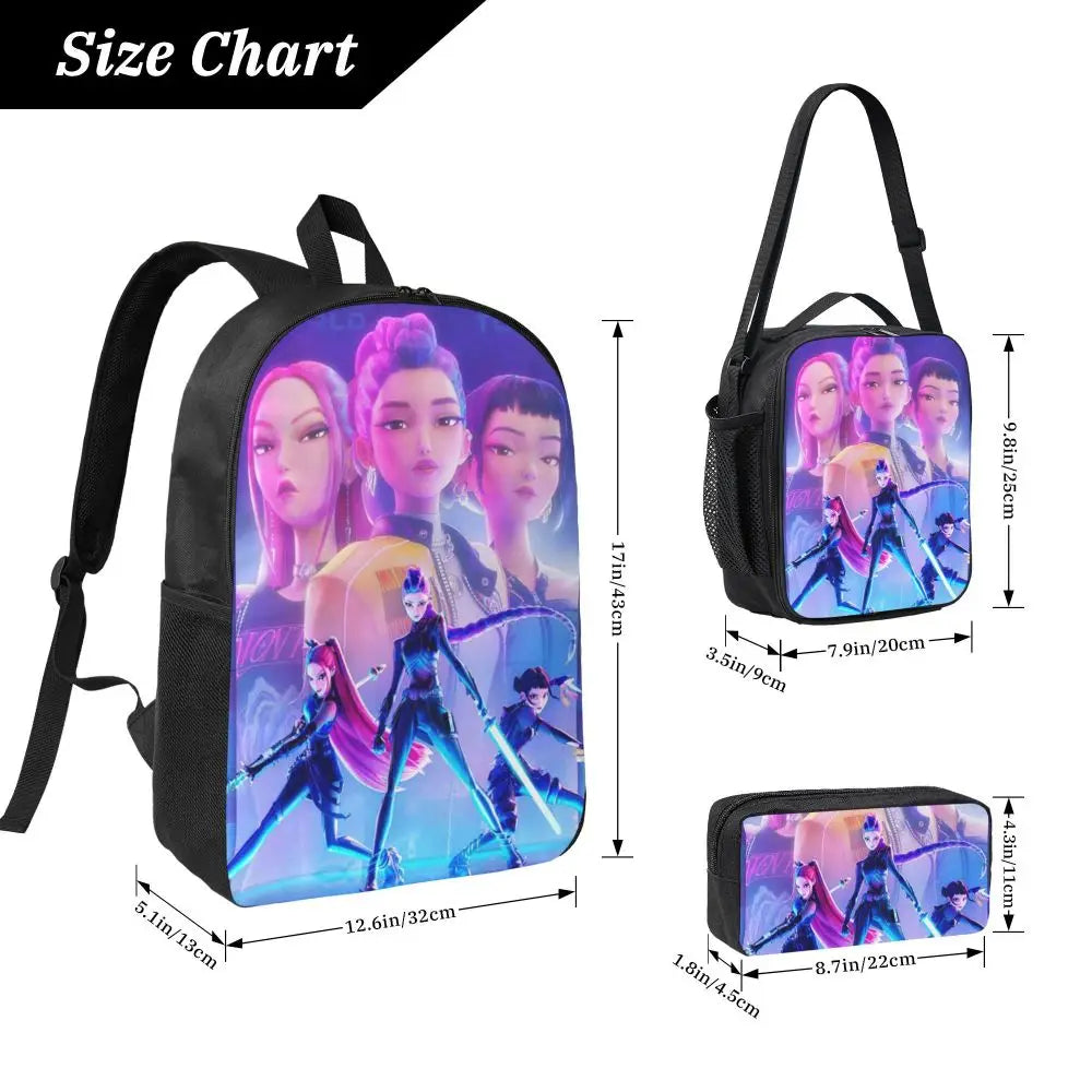 3Pcs KPop Demon Hunters Huntrix merch Backpack Set for Kids Pencil Boxes Bookbag Sets with Lunch Box For School Students Daypack