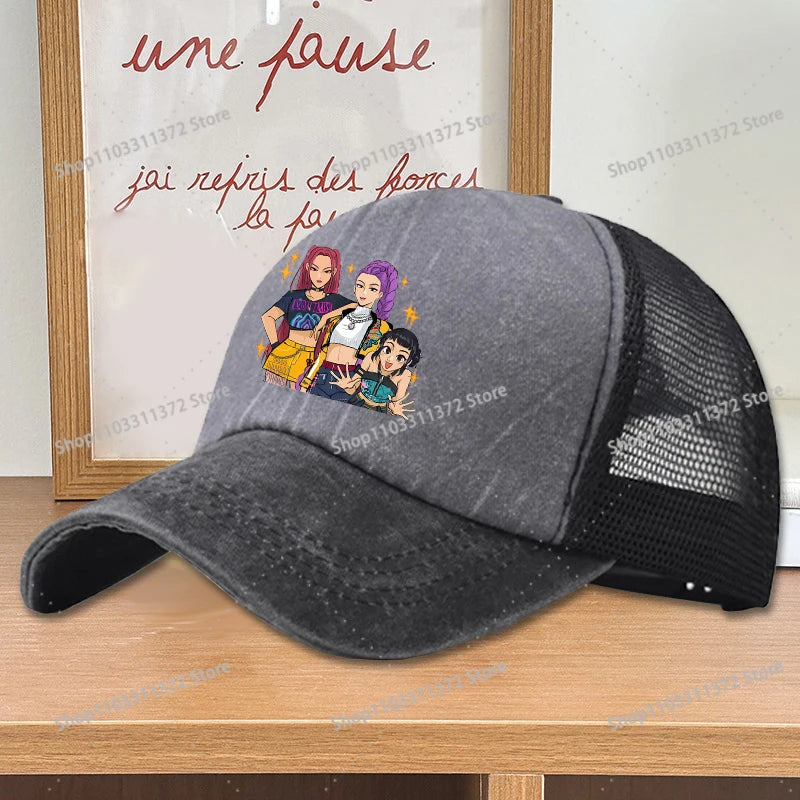 Move K-Pop Demon Hunters Mesh Color Blocked Baseball Cap Fashion Cartoon Adjustable Sun Hat Outdoor Activity Leisure Sunbonnet