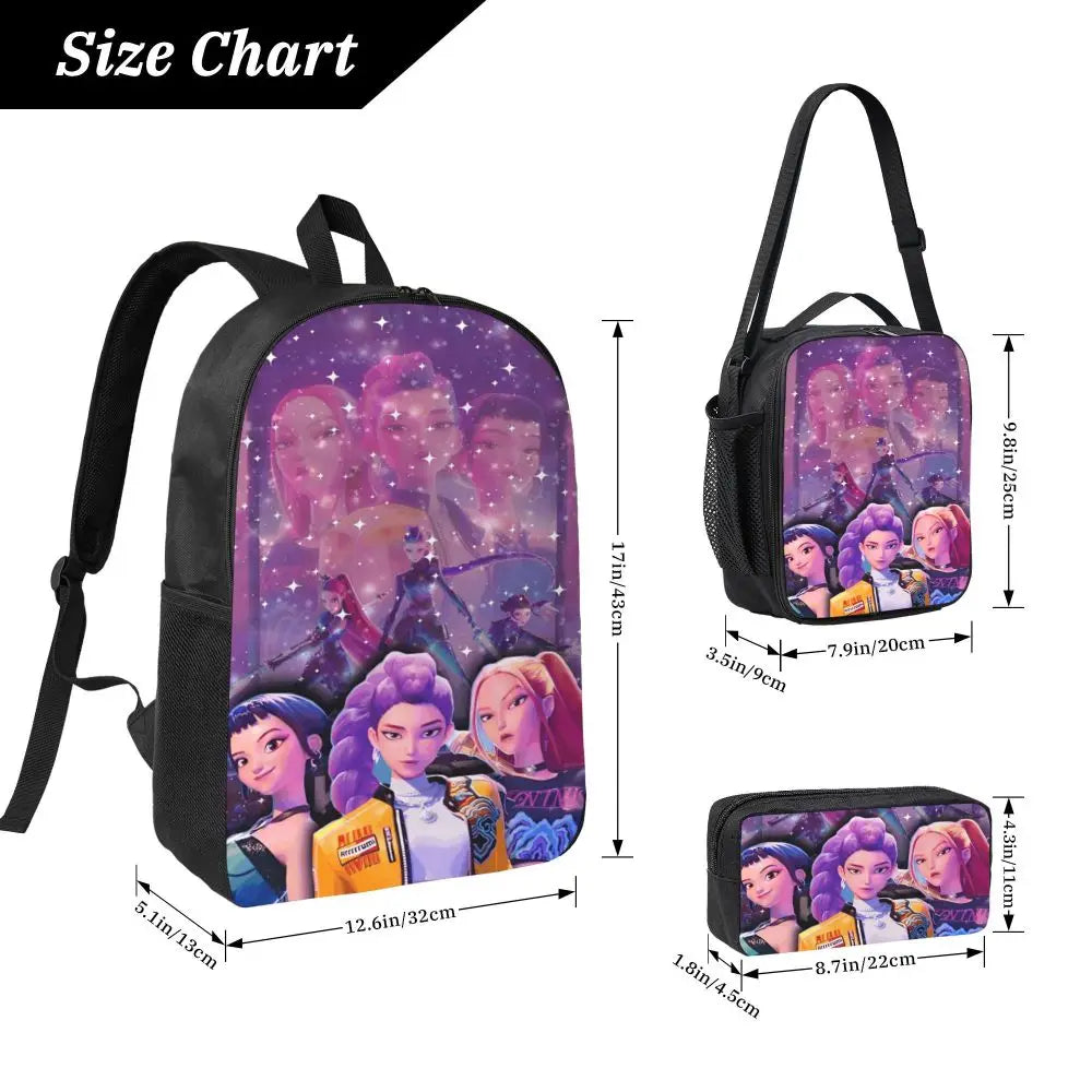 3Pcs KPop Demon Hunters Huntrix merch Backpack Set for Kids Pencil Boxes Bookbag Sets with Lunch Box For School Students Daypack