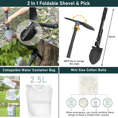Survival Kit, 262Pcs Survival Gear and Supplies with First Aid Kit Pouch and Crossbody Bag, Emergency Kit with Tent, Camping Axe Hammer, Survival Shovel W/Pick, Bug Out Bag Gifts for Men Women