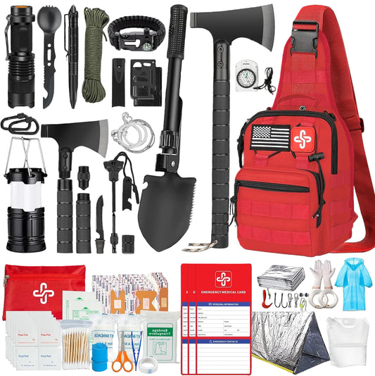 Survival Kit, 262Pcs Survival Gear and Supplies with First Aid Kit Pouch and Crossbody Bag, Emergency Kit with Tent, Camping Axe Hammer, Survival Shovel W/Pick, Bug Out Bag Gifts for Men Women