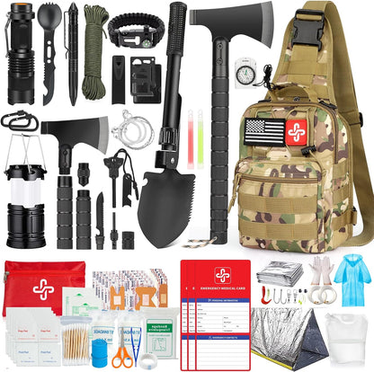 Survival Kit, 262Pcs Survival Gear and Supplies with First Aid Kit Pouch and Crossbody Bag, Emergency Kit with Tent, Camping Axe Hammer, Survival Shovel W/Pick, Bug Out Bag Gifts for Men Women