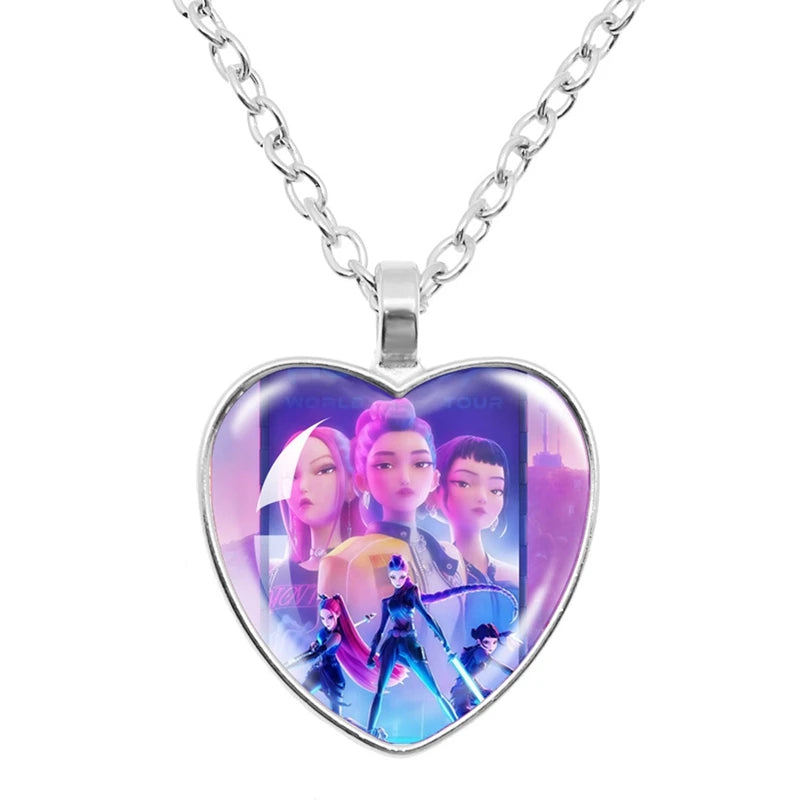 Kpop Demon Hunter Heart Shape Necklaces Idol Anime Pendant with Cartoon Character Pattern Fashion Idol Necklace Jewelry Gifts