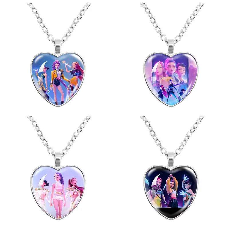 Kpop Demon Hunter Heart Shape Necklaces Idol Anime Pendant with Cartoon Character Pattern Fashion Idol Necklace Jewelry Gifts