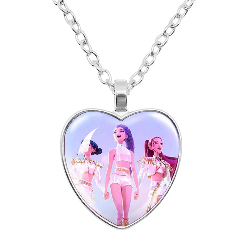 Kpop Demon Hunter Heart Shape Necklaces Idol Anime Pendant with Cartoon Character Pattern Fashion Idol Necklace Jewelry Gifts