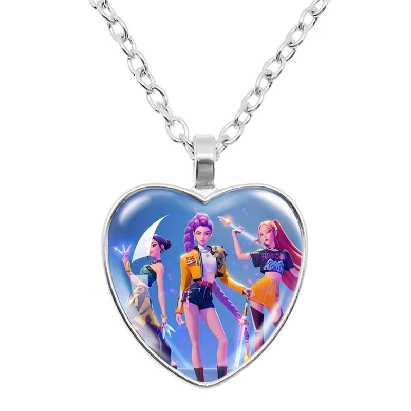 Kpop Demon Hunter Heart Shape Necklaces Idol Anime Pendant with Cartoon Character Pattern Fashion Idol Necklace Jewelry Gifts