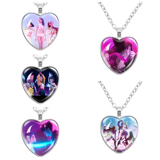 Kpop Demon Hunter Heart Shape Necklaces Idol Anime Pendant with Cartoon Character Pattern Fashion Idol Necklace Jewelry Gifts