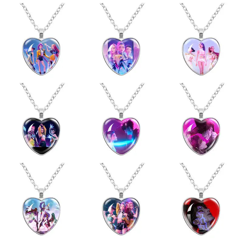 Kpop Demon Hunter Heart Shape Necklaces Idol Anime Pendant with Cartoon Character Pattern Fashion Idol Necklace Jewelry Gifts