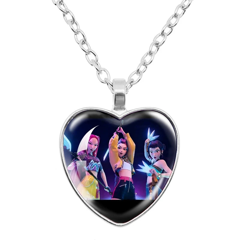 Kpop Demon Hunter Heart Shape Necklaces Idol Anime Pendant with Cartoon Character Pattern Fashion Idol Necklace Jewelry Gifts