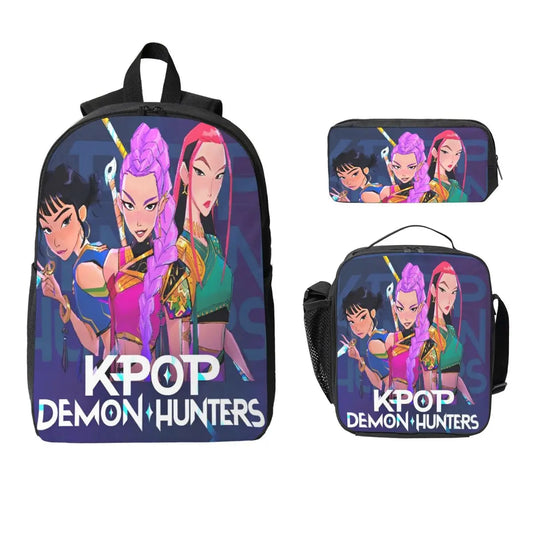 3Pcs KPop Demon Hunters Huntrix merch Backpack Set for Kids Pencil Boxes Bookbag Sets with Lunch Box For School Students Daypack