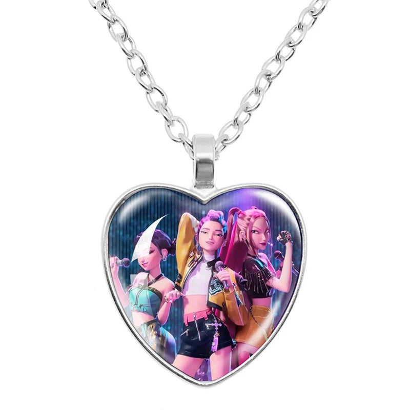 Kpop Demon Hunter Heart Shape Necklaces Idol Anime Pendant with Cartoon Character Pattern Fashion Idol Necklace Jewelry Gifts